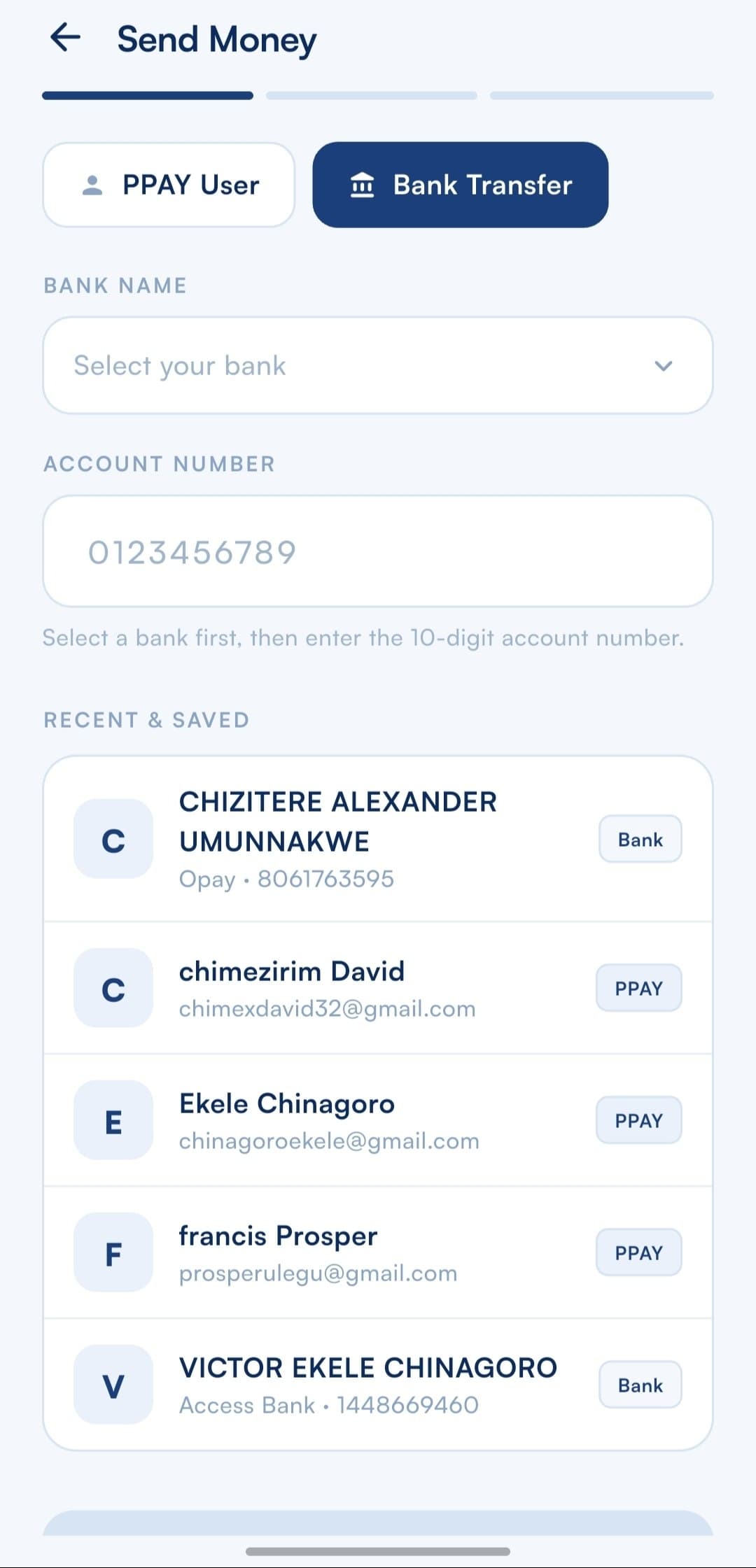 PPAY send money screen