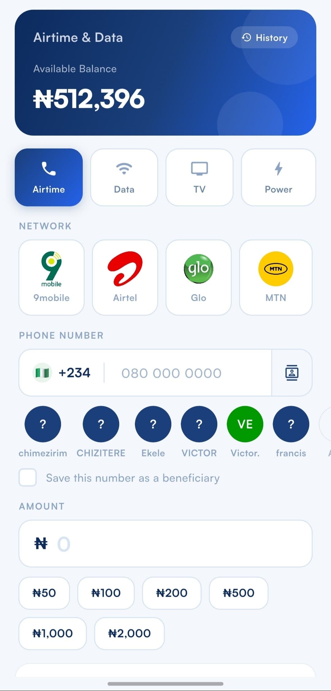 PPAY airtime and data screen